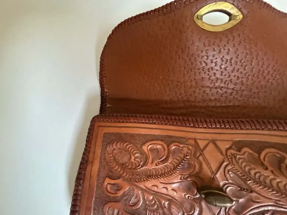 Vintage Hand-Tooled Floral Leather Clutch Purse with Turn-Lock Closure